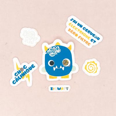 Photo du lot complet de stickers Zigwatt – 6 stickers vinyle blanc mat artisanaux