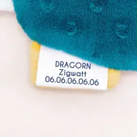 Étiquette personnalisable sur le doudou Zigwatt – nom, prénom et téléphone pour ne jamais le perdre