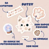 Présentation annotée des stickers de Patsy, Blue Dragorn Studio : nom, citation, spirale, super pouvoir et boule magique.