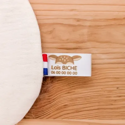 Étiquettes personnalisées pour doudous perdus avec texte et numéro de téléphone. Motif Biche. Retrouvez rapidement le doudou égaré !