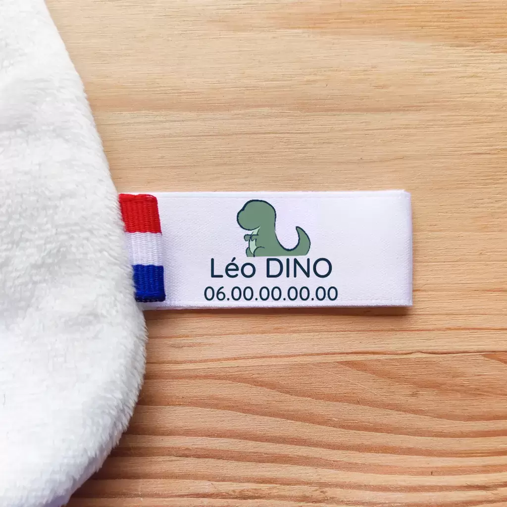 Étiquettes personnalisées pour doudous perdus avec texte et numéro de téléphone. Motif Dinosaure. Retrouvez rapidement le doudou égaré !
