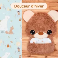 Doudou Bee Doux Orion l’Ourson avec cœur en tissu motif Douceur d'hiver