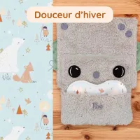 Tibo le Robot et son coussinet Douceur d’Hiver. Un doudou apaisant, parfait pour rassurer bébé avec l’odeur de Maman