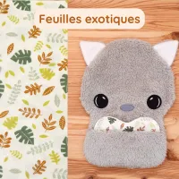 Doudou Bee Doux Garou le Loup avec cœur en tissu motif Feuilles exotiques