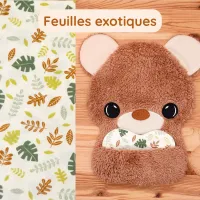 Doudou Bee Doux Orion l’Ourson avec cœur en tissu motif Feuilles exotiques