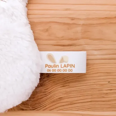 Étiquettes personnalisées pour doudous perdus avec texte et numéro de téléphone. Motif Lapin. Retrouvez rapidement le doudou égaré !