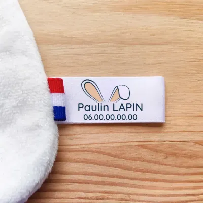 Étiquettes personnalisées pour doudous perdus avec texte et numéro de téléphone. Motif Lapin. Retrouvez rapidement le doudou égaré !