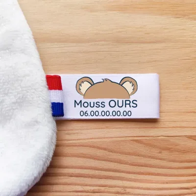 Étiquettes personnalisées pour doudous perdus avec texte et numéro de téléphone. Motif Ours. Retrouvez rapidement le doudou égaré !