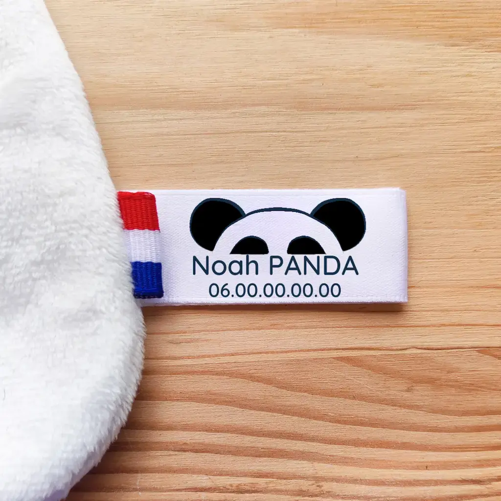 Étiquettes personnalisées pour doudous perdus avec texte et numéro de téléphone. Motif Panda. Retrouvez rapidement le doudou égaré !