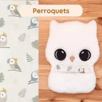 Doudou Bee Doux Marinette la Chouette avec cœur en tissu motif Perroquets