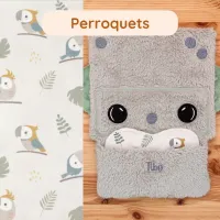Tibo le Robot et son coussinet Perroquets. Un doudou sensoriel qui garde l’odeur des parents pour calmer bébé.