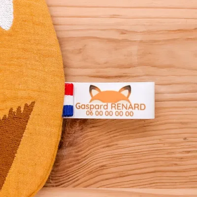 Étiquettes personnalisées pour doudous perdus avec texte et numéro de téléphone. Motif Renard. Retrouvez rapidement le doudou égaré !