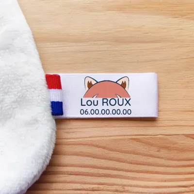 Étiquettes personnalisées pour doudous perdus avec texte et numéro de téléphone. Motif Panda Roux. Retrouvez rapidement le doudou égaré !