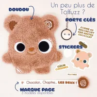 Ensemble des goodies Toffuzz – doudou, stickers, porte-clé et marque-page