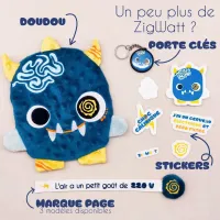 Présentation des produits Zigwatt : doudou, porte-clés, stickers et marque-pages – Collection Blue Dragorn